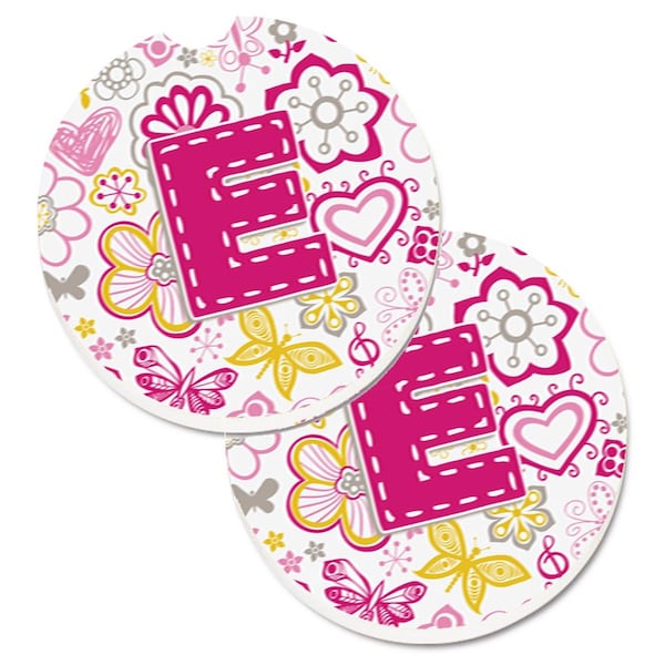 Carolines Treasures Letter E Flowers and Butterflies Pink Cup Holder Car Coaster, PK2 CJ2005-ECARC - main